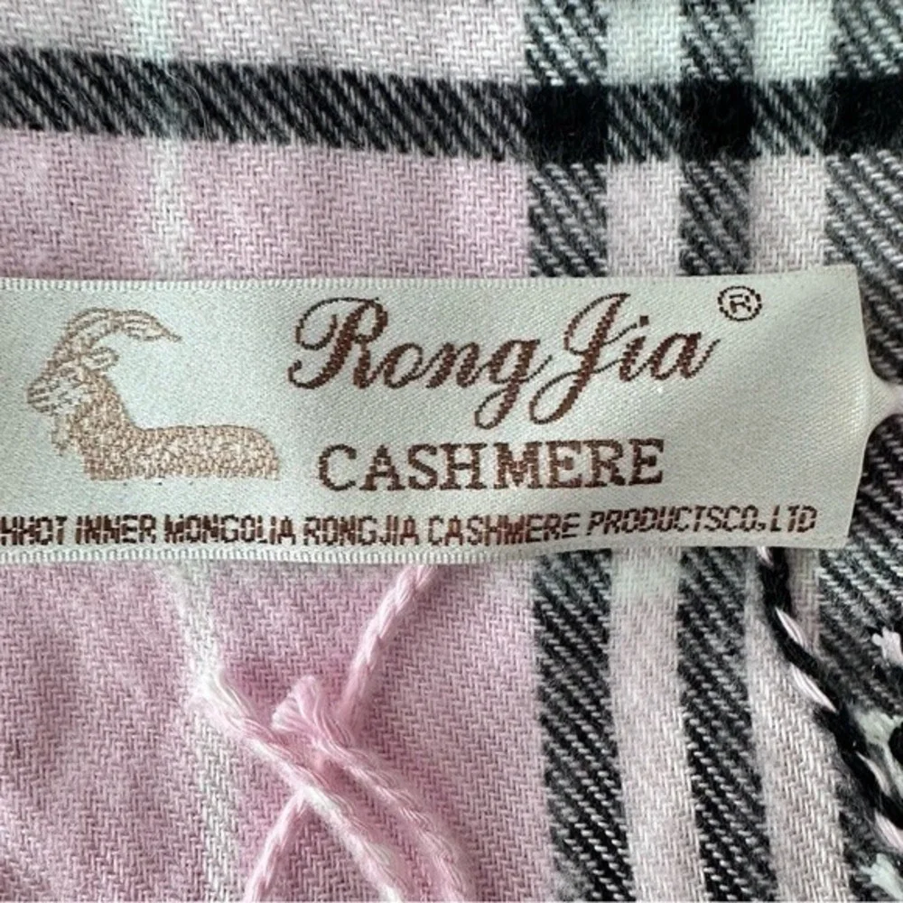 Rong Jia‎ Scarf Cashmere Fringe Trim Pink Tartan Plaid Shawl Wrap Cozy
